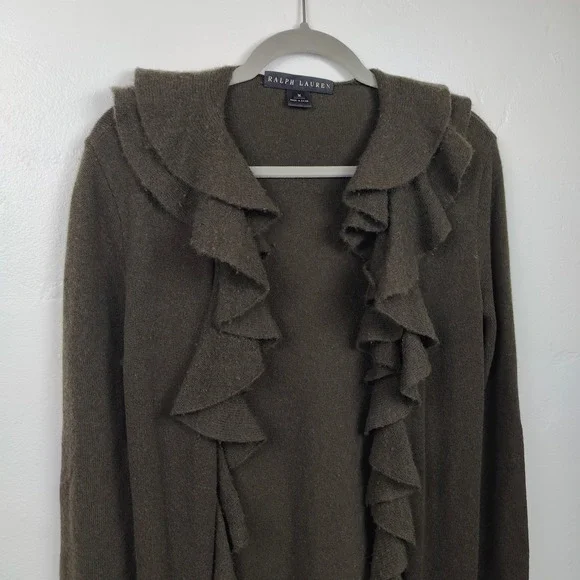 Ralph Lauren Black Label Cashmere Ruffle Duster Cardigan Womens Medium FLAWED - Picture 3 of 13